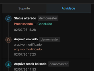 Painel de status do remap ao vivo no RemapHub: Recebido, Em Andamento, Concluído